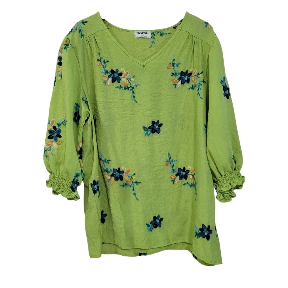Kindred Tunic Top Womens 1X Green Floral Embroidered V Neck Boho Cottage